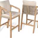 JONATHAN Y BSL1200A-SET2 Porto Modern Coastal Tub Roped Acacia Wood Outdoor Bar Stool with Cushions and Armrests Modern, Coastal, Contemporary, Rustic, Garden Room, Patio, Beige/Light Teak (Set of 2)