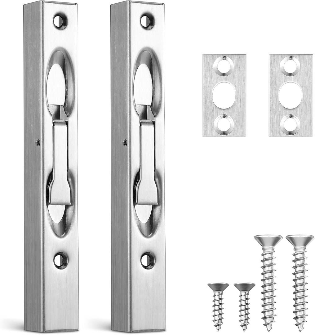 2 Sets 6 Inch Stainless Steel Flush Bolt Hidden Door Latch for Double Door Security - Concealed Slide Bolt Lock for French, Wood, Composite Doors
