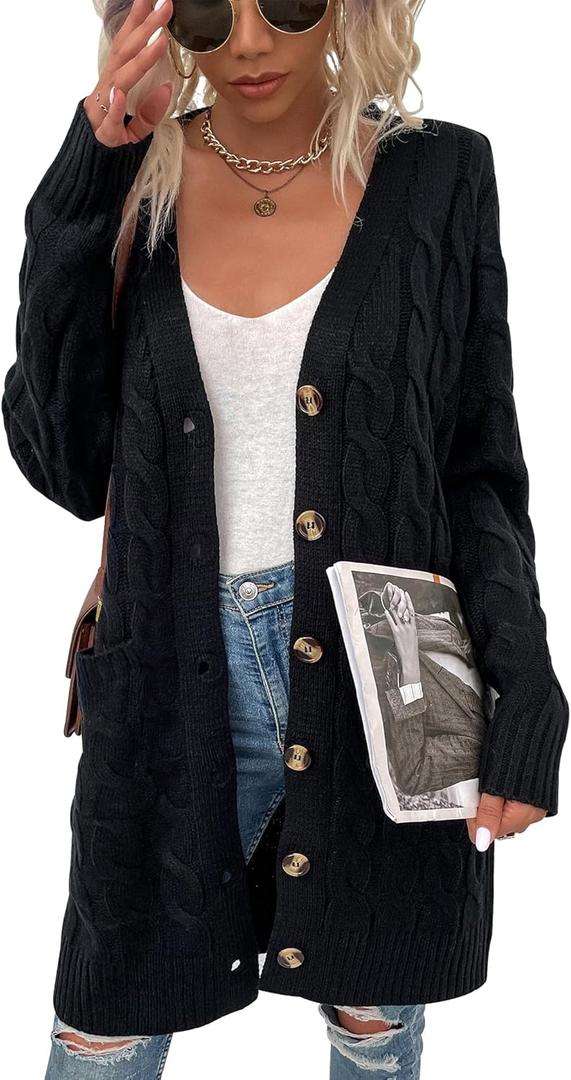 Womens Cardigan Long Sleeve Cable Knit Sweater Open Front Loose Outwear with Pocket (X-Large)