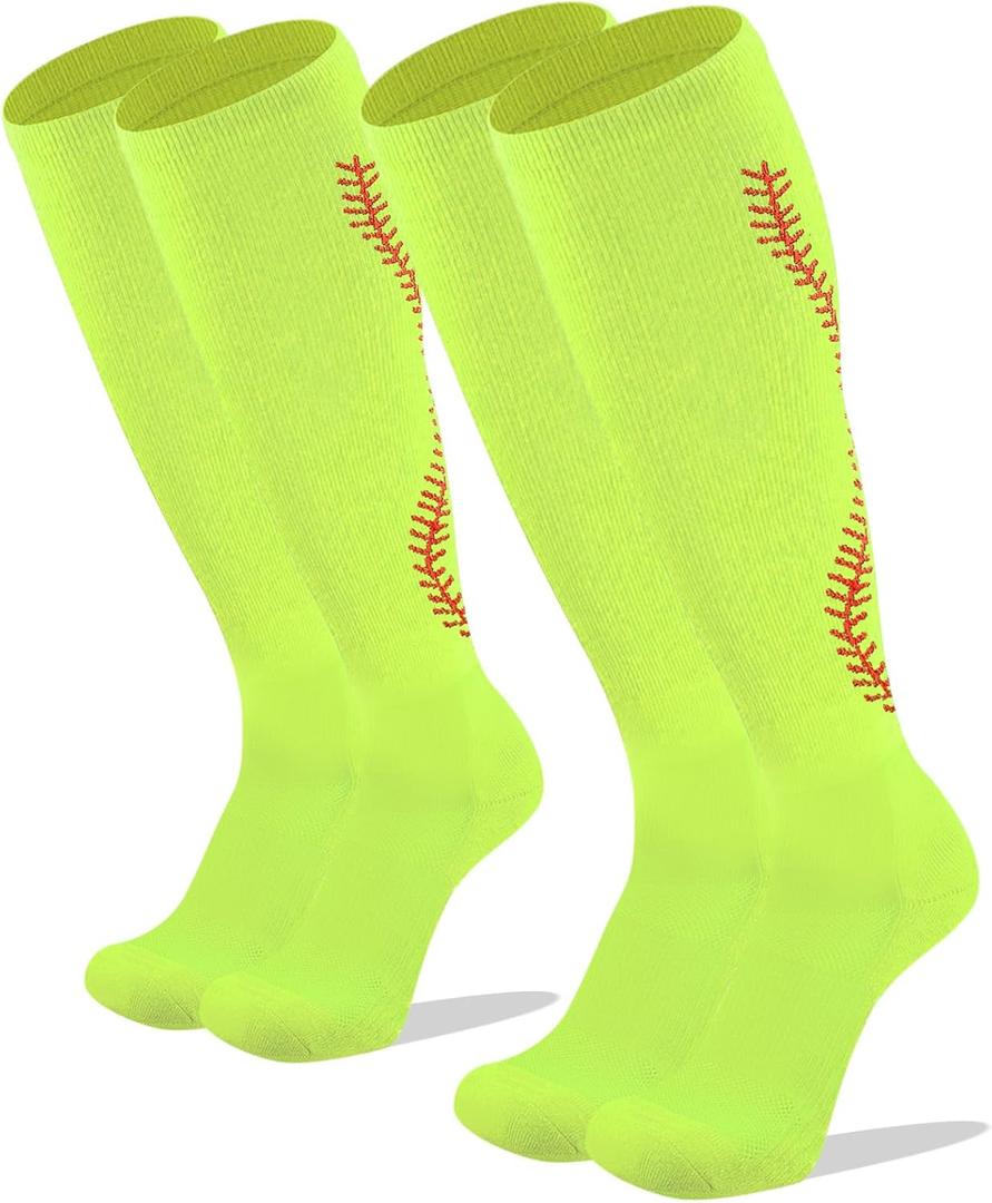 Youper Softball Socks w/Stitches for Youth Girls & Adult Women (2 Pairs) (Medium, Neon Yellow/Red)