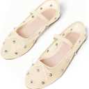 Coutgo Womens Mesh Ballet Flats Crystal Rhinestone Studded Comfortable Mary Jane Dress Shoes (Beige)