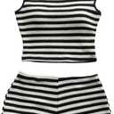 Verdusa Women's 2 Piece Striped Set Off The Shoulder Crop Tops and Mini Shorts Two Piece Going Out Vacation Outfits (Medium, Black)