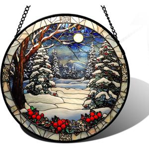 Stained Glass Window Hanging Christmas Tree Winter Snow Night Scenery 7.8" - Suncatcher Door Garden Kitchen Sun Catcher Home Decor Birthday for Mom Men Woman Friend (White)