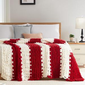 L'AGRATY Chunky Knit Blanket Throw - Soft Throw Blanket 50x60: 100% Hand Kintted Chenile Crochet Throw Blanket for Couch - Large Cable Knit Blanket for Home Decor (Red and White)