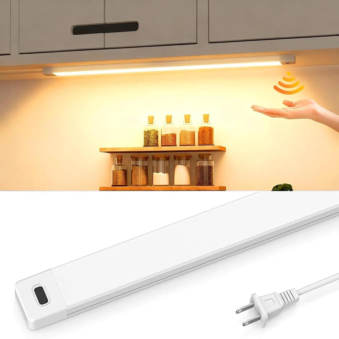 MYPLUS 16 Inch Under Cabinet Lights with Hand Wave, Under Counter Lighting 3000K Warm White, Dimmable, Plug and Play, LED Lights for Kitchen Cabinet, Cupboard, Closet, Desk