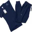 AprilBreeze Lite Medical Scrub Set with 9 Deep Pockets, 4-way Stretch Breathable V Neck Top, Yoga Waistband Jogger Pants (Navy, Large)