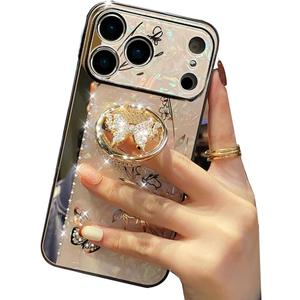AuroiCYY for iPhone 17 Pro Max Case with Kickstand, 3D Butterfly Diamonds Shockproof Ring Holder Stand Cute Marble Glitter Bling Shiny Elegant Case Girls Women Phone Cover for iPhone 17 Pro Max, Gold