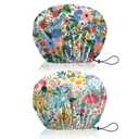 2 PCS Shower Cap Reusable Waterproof Double Layer Elastic Adjustable Hair Bath Caps Cute Aesthetic for Women Girls-Flowers