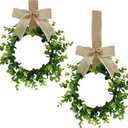 2 Pcs 12inch Mini Boxwood Wreaths Artificial Spring Summer Greenery Wreath for Front Door Farmhouse Kitchen Cabinet Wreaths with Burlap Ribbon for Porch Wall Window Decor (Green)