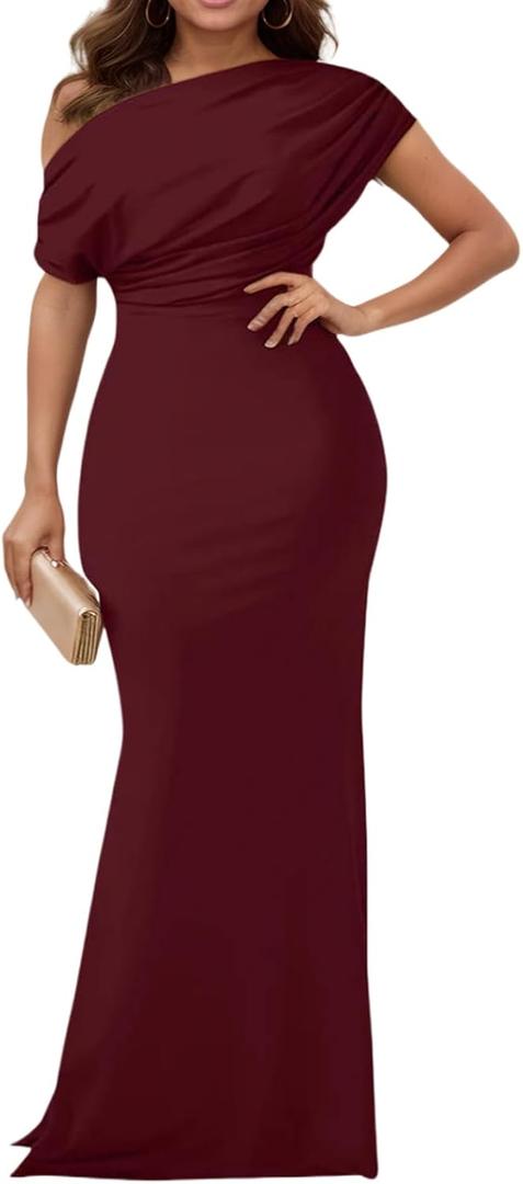 Formal Dresses for Women Elegant Off Shoulder Evening Party Gowns Sexy Bodycon Ruched Prom Wedding Guest Dress (Medium, 523_1burgundy)