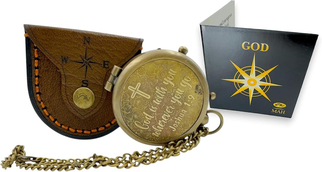 Handmade Religious Compass  God is with You Engraved Working Brass Gift  Christian Baptism, Confirmation, Christening or First Communion Keepsake for Boys, Teens & Men  Guided by Faith