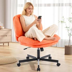 Cross Legged Office Chair, Thick Cushioned Criss Cross Desk Chair with Wheels, Wide Seat Armless Office Chair, Height Adjustable Swivel Vanity Chair for Home and Office, Orange, 27.1 inches x 25.2 inches x 35 inches