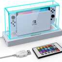 Mooroer Dust Cover with 16 LED Colors Light Base for Nintendo Switch/OLED, Acrylic Clear Display Box Anti-Scratch Waterproof Slim Dock Case, Cool Switch Accessories