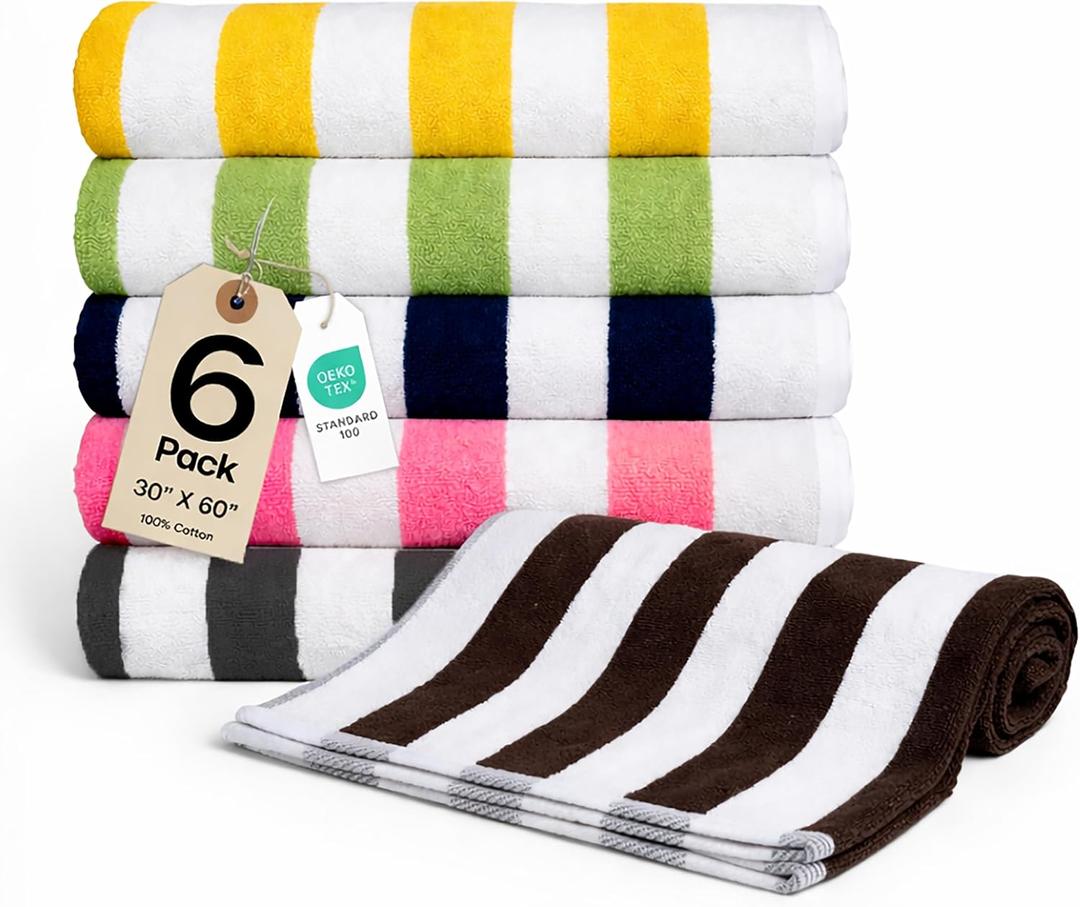 Salt Earth Cotton Striped Beach Cabana Towel, 6 Pack - 30"x60" Quick Dry Towels, Pool Essentials, Travel, Gym & Bathroom Towels, Oversized Beach Vacation Essentials(Multi - Colour/Multipack)