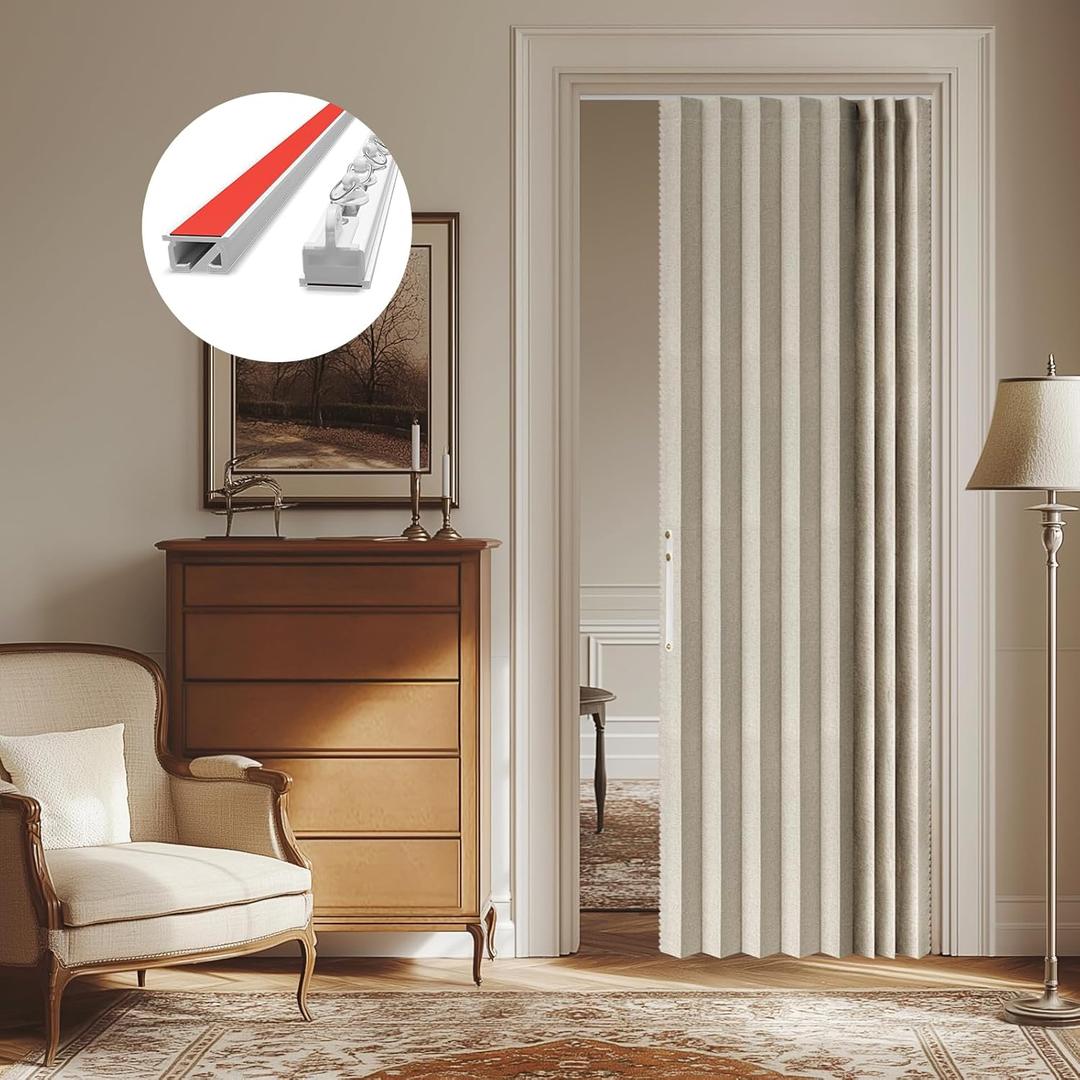 AJAZZ 100% Blackout Accordion Door Curtains Magnetic Door Curtain Blackout Curtains for Bedroom, Doorway Curtain Sets Included Tracks (1Panel, 43W x 79 L, Cream White)