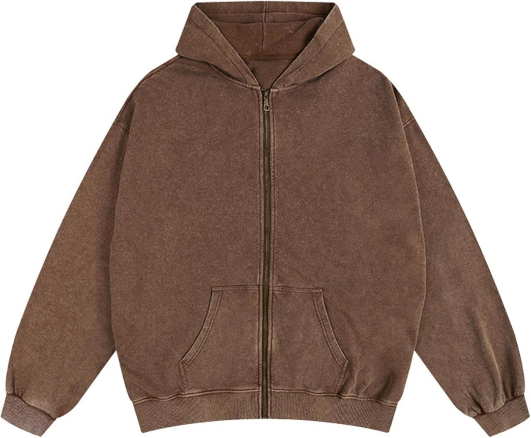 Mens Zip Up Hoodie Women Full Zip Hoodies Vintage Acid Wash Oversized Sweatshirts Hooded Sweatshirt Streetwear (X-Large, Sandy)