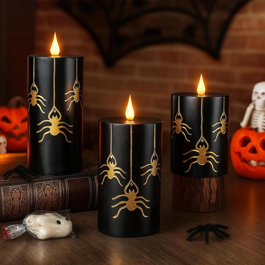 Halloween Spider Black Flameless Candles - 3PCS 3in x 4/5/6in Real Wax Battery Operated Pillar LED Candles, Spiderman Candle, Halloween Party Table Decorations Gift, Fall Spooky Home Decor (Pumpkin)