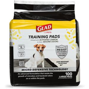 Glad for Pets Activated Carbon Puppy Training Pads with Anti-Microbial Technology, Odor Control Pee Mats for Dogs, 6-Layer Leak-Proof Heavy Duty Indoor Potty Pads, 23 x 23 Inches, 100 Count