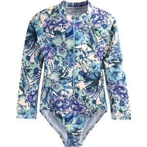 HOOBABE Big Girls Rash Guard Long Sleeve One Piece Swimsuits Zipper Bathing Suits UPF 50+ Yellow Floral Pattern 9T