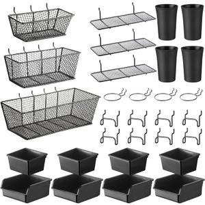 Sieral 30 Pcs Pegboard Organizer Accessories Kit Includes Peg Board Shelving Storage Basket Organizer Bins Hooks Loops Cup with Cup Holder for Garage Room Wall Attachments Tools(Black)