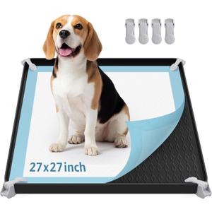 LOOBANI Dog Pee Pad Holder - Puppy Pad Tray for 27" x 27" Square Training Pads - Silicone Potty Tray with 4 Clamps & High Edge Puppy Pad Holder Tray, Non-Slip,Portable, Leak-Proof Mat Holder, Black
