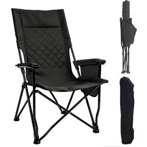 Folding Camping Chair, High Back Padded Portable Camp Chair with Storage Bag, 600D Oxford Fabric Comfortable Chair for Outdoor Camping, Beach, Fishing (Black)