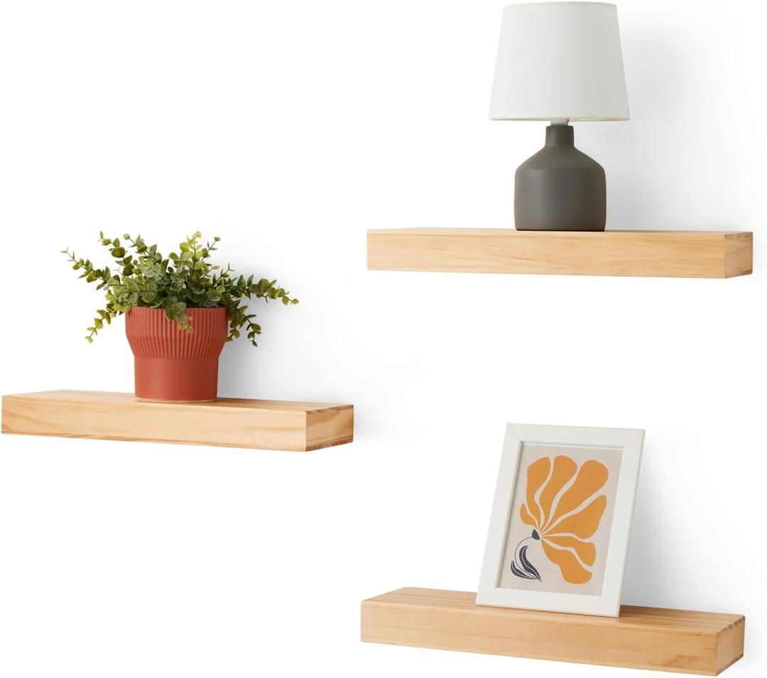 Amazon Basics Wood Floating Wall Shelves, 3-Pack, Pine, 15.8" x 5" x 1.8", Natural Wood Finish