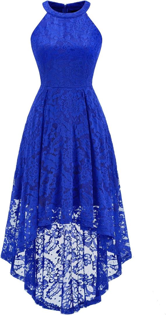 Dressystar Women Halter Lace Wedding Guest Dress Hi-Lo Cocktail Party Bridesmaid Formal Dresses, Royal Blue XS