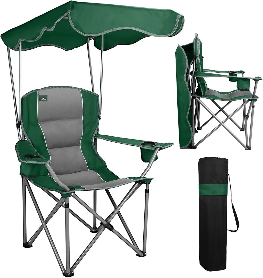 Northroad Folding Camping Chairs with Canopy Shade, Beach Chair w/Cup Holders, Armrests & Carry Bag for Outdoors Travel Sports Fishing, Green, 39 inches x 20.5 inches x 35.8 inches