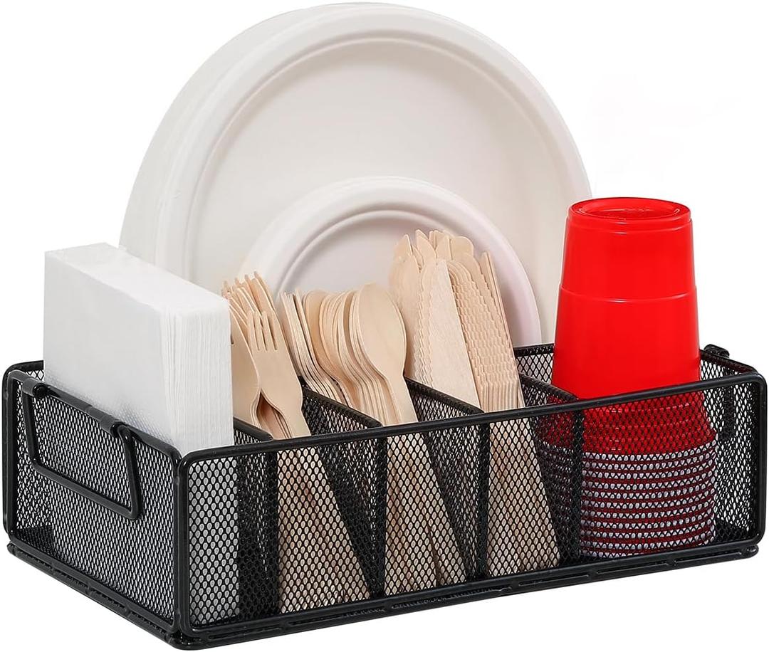 Paper Plate Dispenser with Handle, Metal Paper Plate Holders for Kitchen Counter, Utensil Holder Organizer with 6 Compartments, Silverware Holder Caddy for Cup Fork Spoon Napkin Party Camping (Black)