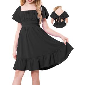 Durio Girls Summer Short Sleeve Dress Tie Back Off Shoulder Dresses for Teens Ruffle Tween Girls Dresses Size 10-11Y