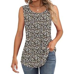 Ficerd Women's Tank Tops Sleeveless Tunic Pleated Crew Neck Blouses Summer Dressy Casual Loose Spring T Shirts(XX-Large,Floral Black)