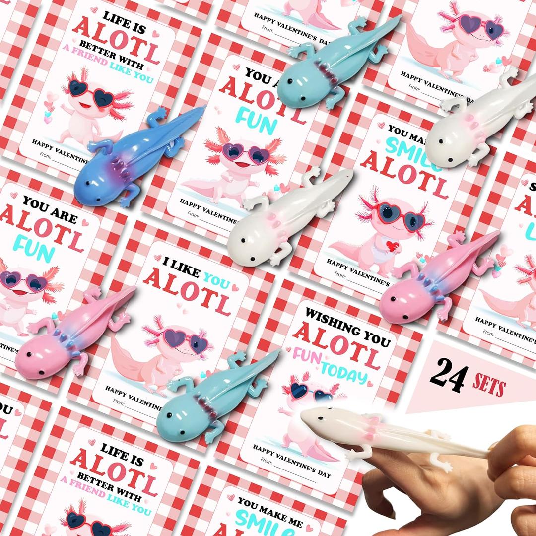 Valentines Day Gifts for Kids Classroom Funny Axolotl, School Party Favors Exchange with Cards 24 PCS