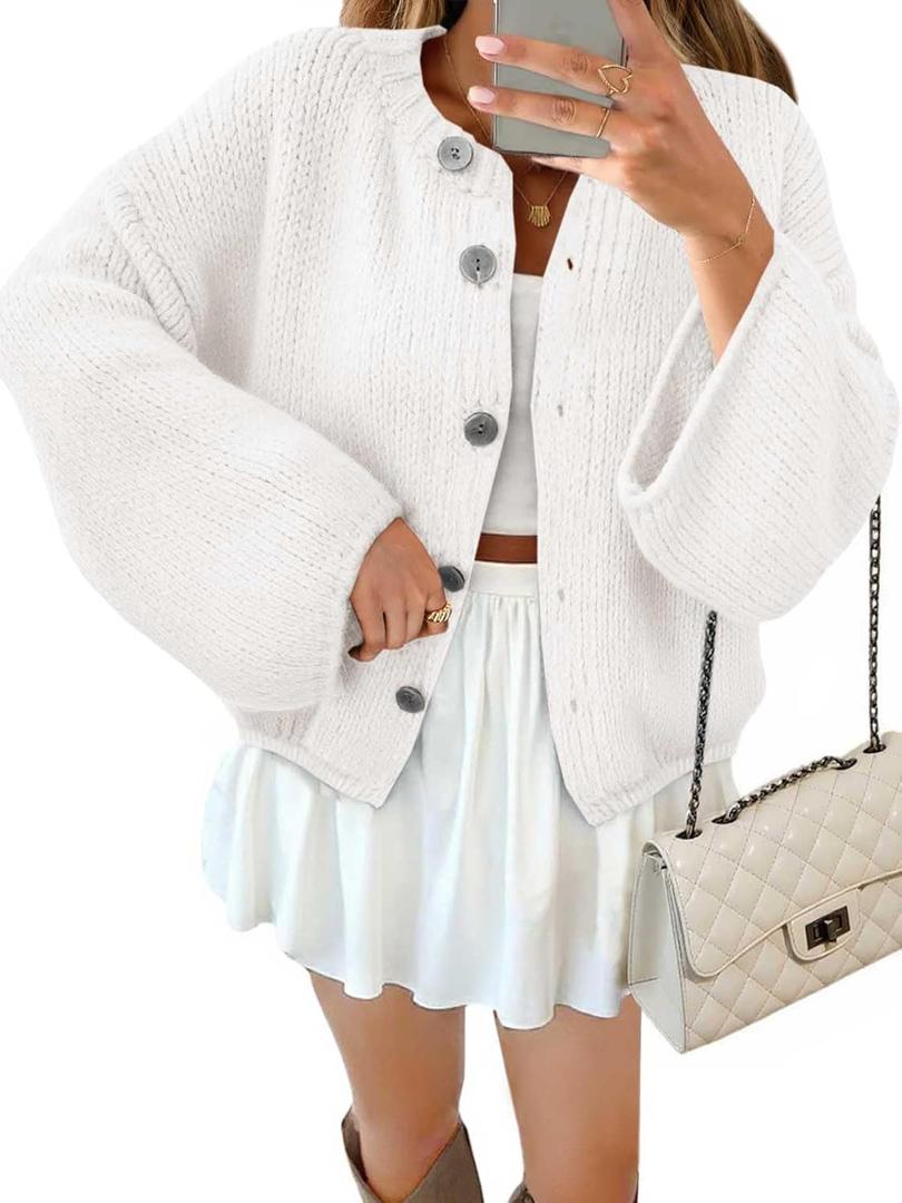 Saodimallsu Women 2026 Oversized Button Down Cardigan Chunky Knit Long Sleeve Sweater (Small, White)