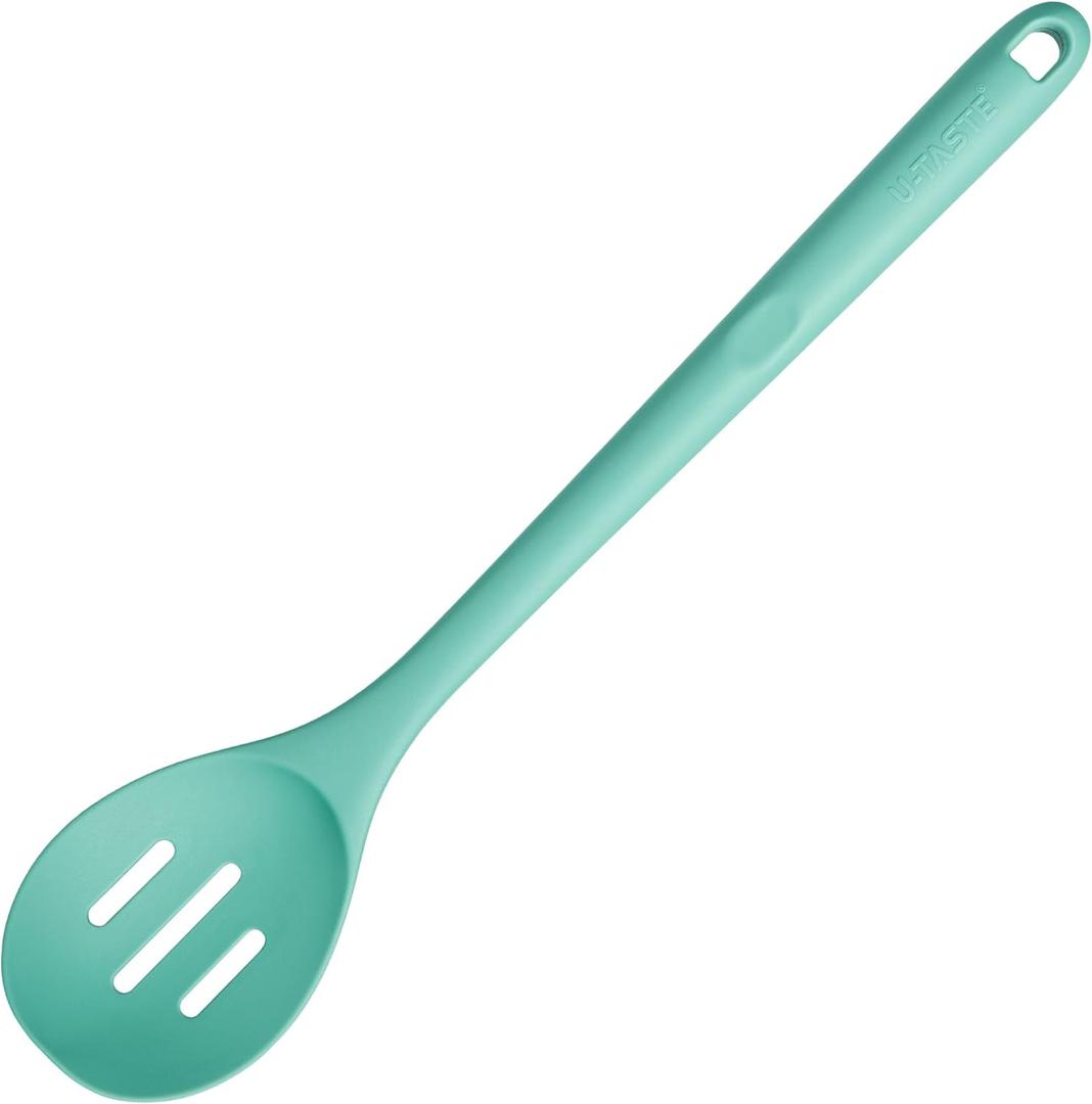 13.3" Slotted Cooking Spoon: U-Taste 600F Heat Resistant Kitchen Mixing Spoon, Food Grade Nonstick Long and Large Rubber Soup Utensil for Serving, Stirring, Basting, for Pot Cookware (Aqua Sky)