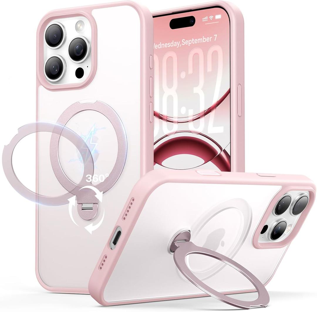 for iPhone 16 Pro Max Case: with 360 Spin Magnetic Stand, Camera Control Button, Fit for MagSafe, Military Drop Protection, Protective Slim Phone Cover with Ring Kickstand, 6.9", Pink