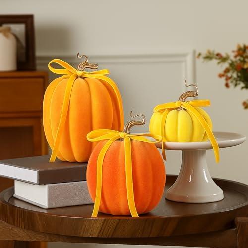 Wesiti 3 Pack Large Artificial Flocked Pumpkins, 7.9 Inch 6.7inch 3.9 Inch Fall Fake Foam Pumpkins for Autumn Home Decor Halloween Thanksgiving Table Centerpiece Decor(Orange)