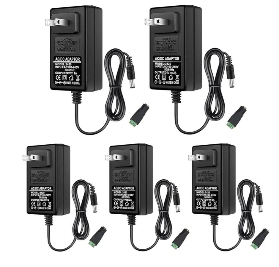 24V Power Supply, 24 Volt 2A 48W LED Power Supply Adapter, AC 100-240V to DC 24V Converter Transformer for LED Strip Lights, Wall Plug Power Supply with 5.5/2.1 DC Female Connector (5 Pack)
