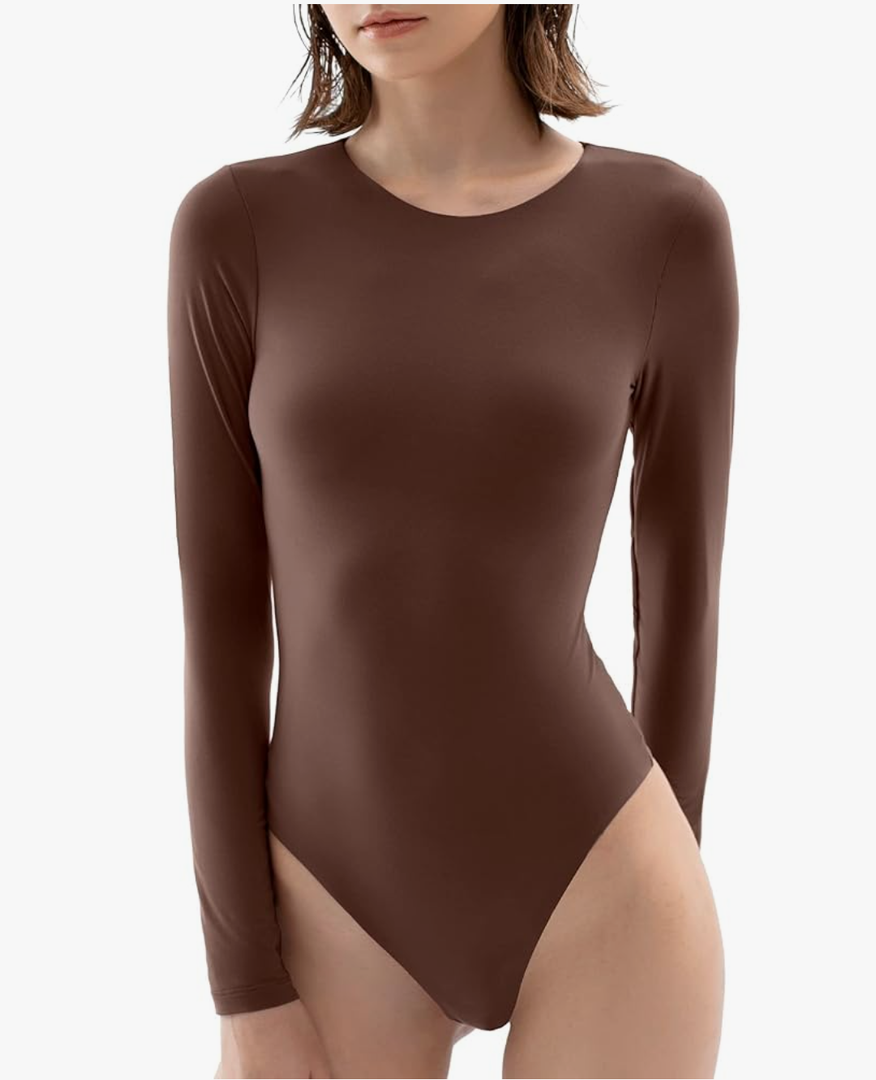PUMIEY Women's Crew Neck Long Sleeve Bodysuit Second-skin Feel Tops Smoke Cloud Collection. Small