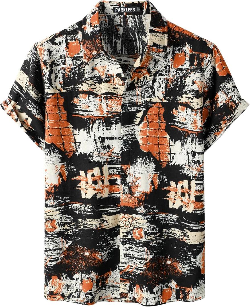 PARKLEES Men's Cotton Linen Vintage Pattern Printed Old Style Shirt Casual Short Sleeve Button Down Retro Shirts (X-Large, Black Orange)