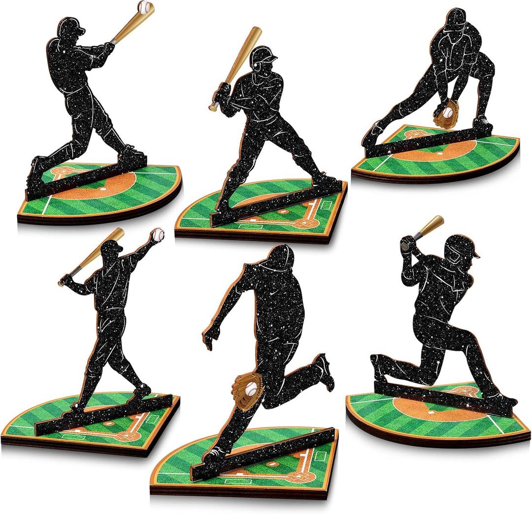 DoubleFill 6 Pcs Baseball Table Centerpiece Decorations Wooden Baseball Player Silhouette Centerpieces Wooden Sports Game Sign for Fans Club Sports Table Toppers Theme Birthday Party Decorations