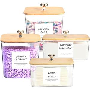 4 Pack Laundry Room Organization Storage Containers, Plastic Clear Laundry Pods Container & Dryer Sheet Holder Jars with Lids, Scoops & Labels for Detergent, Powder, Dryer Balls, Beads