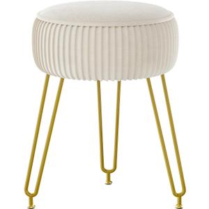 IBUYKE Velvet Round Footrest Stool Ottoman, Makeup Vanity Stool Side Table, Velvet Dressing Table Seat, Pouf Couch Stool, Golden Steel Legs, Creamy-White LG-30M (without storage)