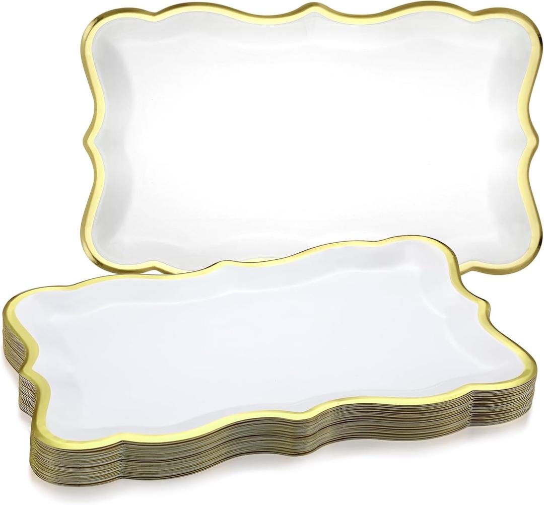 Havawish 24 Pcs 9" x 13" Gold Disposable Paper Serving Trays and Platters Food Platters for Parties White Trays Cupcake Platter Bandejas Decorativas para Fiestas for Birthday Party Weddings