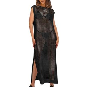 Saodimallsu Womens Crochet Swimsuit Coverup Summer Sleeveless Hollow Out Knit Crewneck Side Split Long Beach Dress (Large, Black)