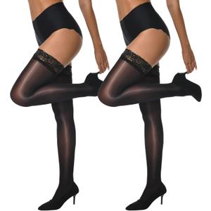MANZI Sheer Shiny Thigh High Stockings 2 Pairs Silky lingerie Pantyhose for Women with Stay Up Silicone Lace Top (Large-X-Large)