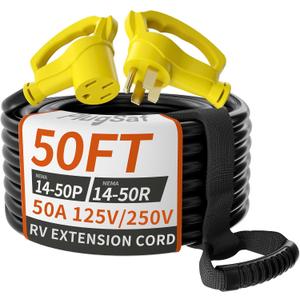 PlugSaf NEMA 14-50P/14-50R 50 FT 50 Amp RV/EV Extension Cord Outdoor with Grip Handle, 4 Prong Flexible Heavy Duty STW RV Power Cord Waterproof, 50A 125/250V 6250/12500W, Black-Yellow, ETL Listed