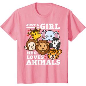 Kids Zoo Animals Elephant Giraffe T-Shirt (Pink, XS)