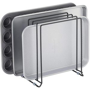 mDesign Pot Lid and Pan Rack  Metal Wire Rack for Cabinets, Pantries or Kitchen Surfaces  Freestanding Pan Stand with 5 Slots for Pans, Pots, Lids and Crockery  Black (Pack of 1)