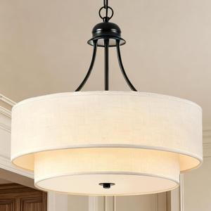 VESPERIX 18" Linen Drum Chandelier, 4-Light Modern Farmhouse Ceiling Light Fixture,2-Layer Fabric Shade with Acrylic Diffuser, Adjustable Hanging Light for Dining Room, Kitchen, Bedroom